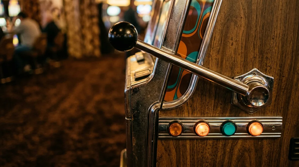 A row of glowing retro arcade-style pokie cabinets in burnt orange and teal receding into warm darkness