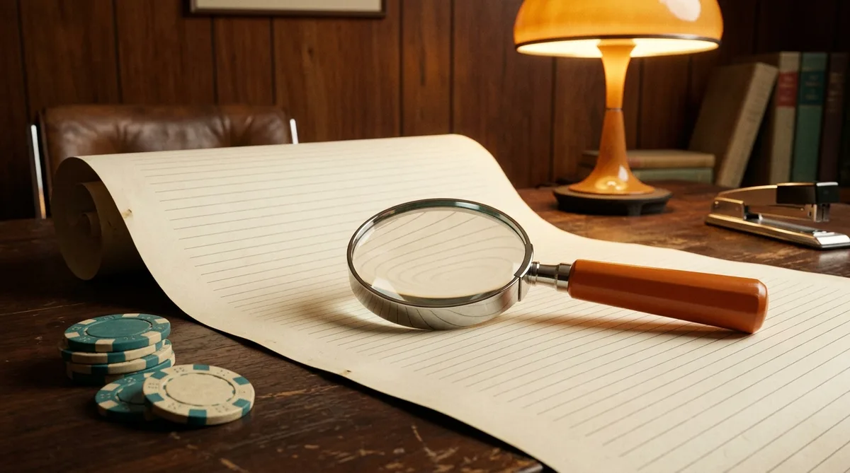 A huge cream banner scroll unrolling with a magnifying glass over tiny blank fine-print lines, retro orange room