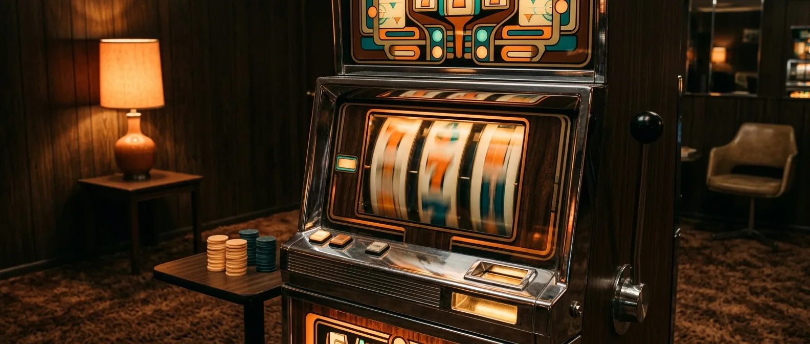 Retro 70s arcade casino: burnt-orange slot cabinet with chrome trim on shag-brown backdrop, cream and teal chips